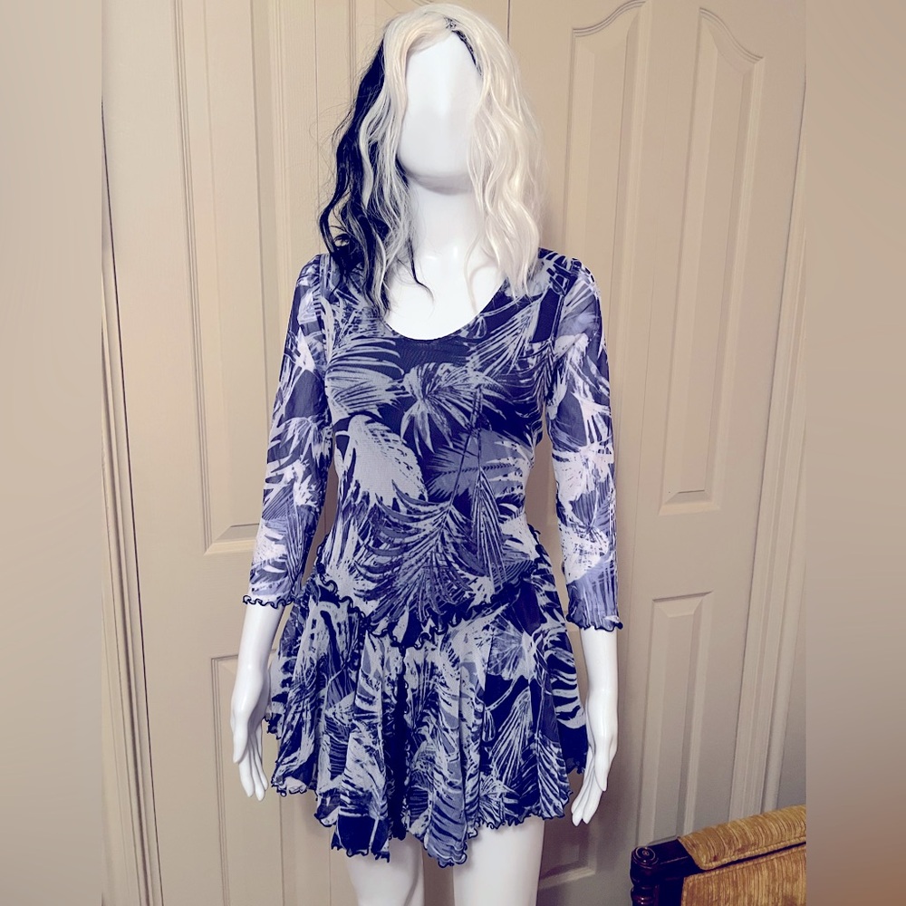 Giselle Shepatin Blue Abstract Artsy Flowy Designer Mesh Dress Tunic S